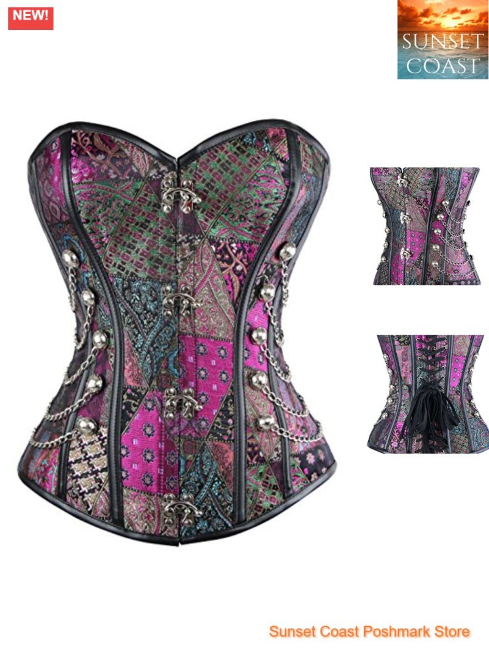 Steel Boned Steampunk Bustier Corset Chains Clasp Lacing Cosplay